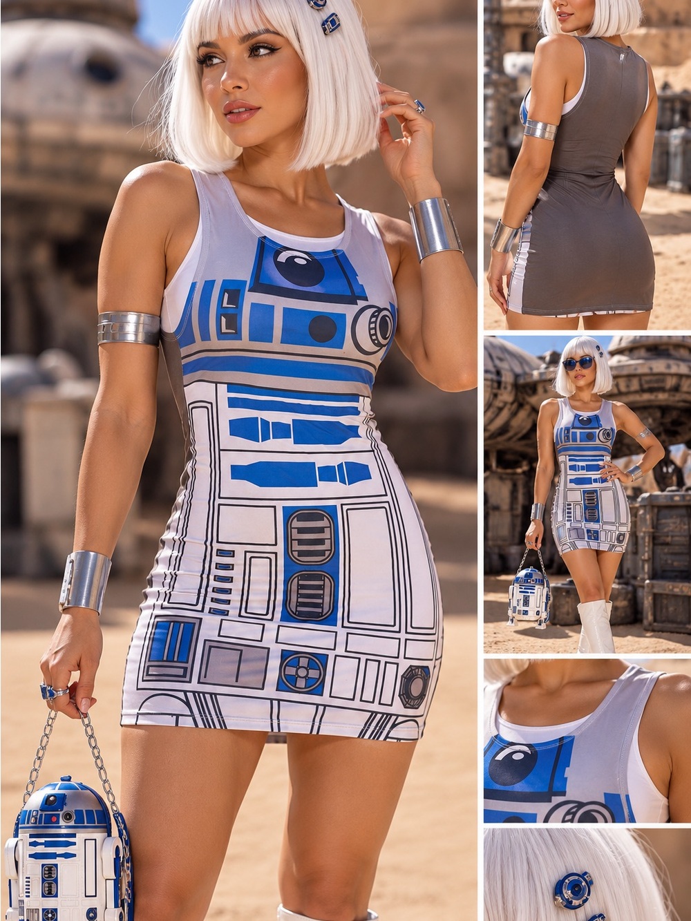 R2-D2 Graphic Tank Mini Dress - White & Blue